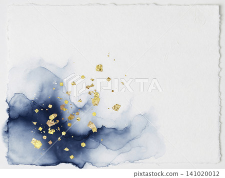 A Japanese paper background with midnight blue watercolor and geometric gold leaf swirling in the lower left corner. A Japanese paper background with midnight blue watercolor and geometric gold leaf swirling in the lower left corner. 141020012
