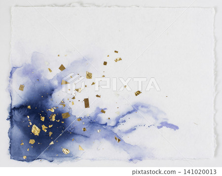 A Japanese paper background with midnight blue watercolor and geometric gold leaf swirling in the lower left corner. A Japanese paper background with midnight blue watercolor and geometric gold leaf swirling in the lower left corner. 141020013