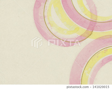 A Japanese paper background with a watercolor arc of cherry blossom pink and lemon yellow and a gold line running across the upper right. 141020015
