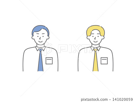 A set of illustrations (blue and yellow) of two businessmen with the expression of "joy" from the range of emotions. 141020059