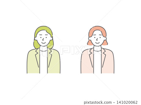 A set of illustrations (light green and pink) of two businesswomen with the expression of "joy" from the range of emotions. A set of illustrations (light green and pink) of two businesswomen with the expression of "joy" from the range of emotions. 141020062