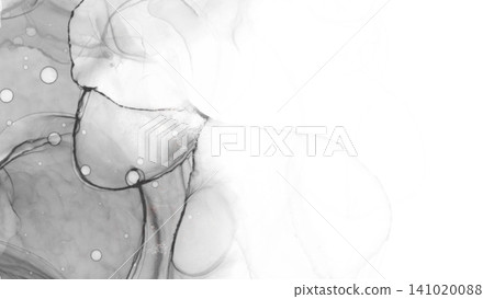Monochrome alcohol ink art: Abstract background texture in the style of suminagashi (marbling) with ample white space. Monochrome alcohol ink art: Abstract background texture in the style of suminagashi (marbling) with ample white space. 141020088
