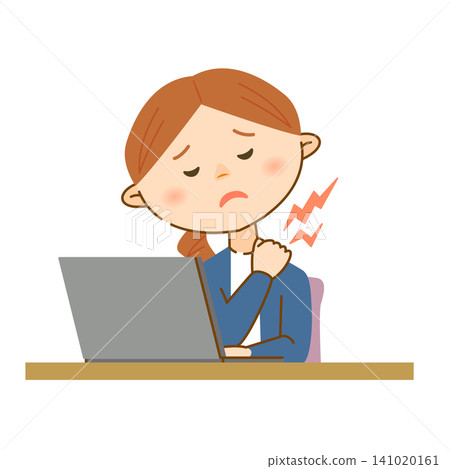 An illustration of a woman with a stiff neck and shoulders from working on a computer. An illustration of a woman with a stiff neck and shoulders from working on a computer. 141020161