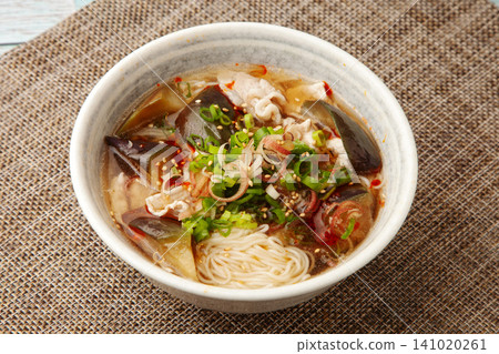 Spicy somen noodles with pork and eggplant Spicy somen noodles with pork and eggplant 141020261