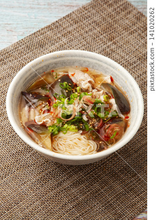 Spicy somen noodles with pork and eggplant Spicy somen noodles with pork and eggplant 141020262