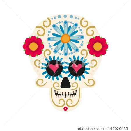 Mexican calavera sugar skull for day of the dead festival or Dia De Los Muertos holiday. Mexican sugar skull of Catrina calavera with marigold flowers pattern and hearts ornament for Mexico fiesta 141020425