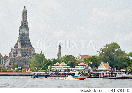 Boats plying the Chao Phraya River and the magnificent pagoda of Wat Arun standing beautifully on the opposite bank (Bangkok, Thailand) Boats plying the Chao Phraya River and the magnificent pagoda of Wat Arun standing beautifully on the opposite bank (Bangkok, Thailand) 141020458