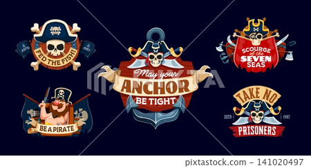 Pirate stickers with corsair quotes and happy captain character, skulls and crossbones. Cartoon stickers with wood boards, pirate black flags and skulls in tricorn hat, anchor and crossed swords 141020497