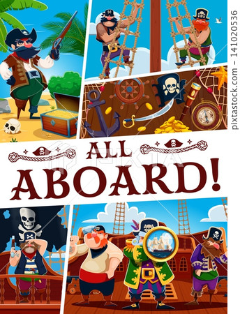 Old wooden signboard at tropical pirate treasures island. Cartoon corsair ship crew on wooden boat with treasure chest, gold coins, cutlass, compass and rigging near beach with palm trees and skulls Old wooden signboard at tropical pirate treasures island. Cartoon corsair ship crew on wooden boat with treasure chest, gold coins, cutlass, compass and rigging near beach with palm trees and skulls 141020536