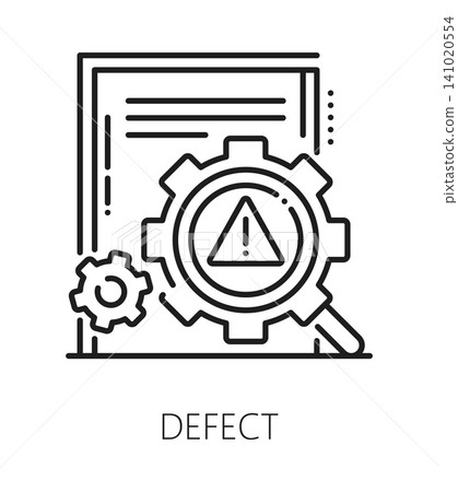 Quality defect inspection line icon or label. Product quality inspection symbol, regulatory approval vector pictogram. Production defect control icon with document, magnifying glass and cogwheel Quality defect inspection line icon or label. Product quality inspection symbol, regulatory approval vector pictogram. Production defect control icon with document, magnifying glass and cogwheel 141020554