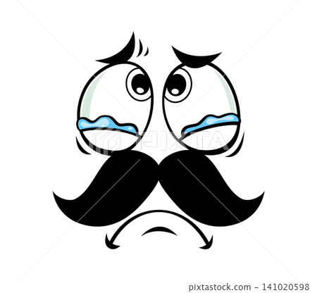 Cartoon crying face with sadness emotion. Comic face with large teary eyes, raised inner brows, bold thick mustache and small downturned frown. Funny expression for mental health awareness posters 141020598