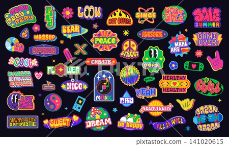 Y2k retro groovy stickers patch labels with trendy cool shapes, vintage pop art flower, heart and star vector icons. Y2k smile emojis, hippie peace and mushroom, groovy balloon and candy stickers pack 141020615
