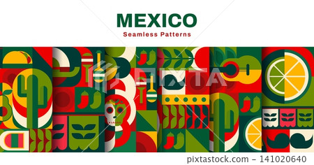 Mexico holidays and travel geometric mosaic seamless patterns with Mexican backgrounds. Mexico culture geometric pattern of calavera sugar skull, sombrero and guitar with moustaches or jalapeno pepper Mexico holidays and travel geometric mosaic seamless patterns with Mexican backgrounds. Mexico culture geometric pattern of calavera sugar skull, sombrero and guitar with moustaches or jalapeno pepper 141020640