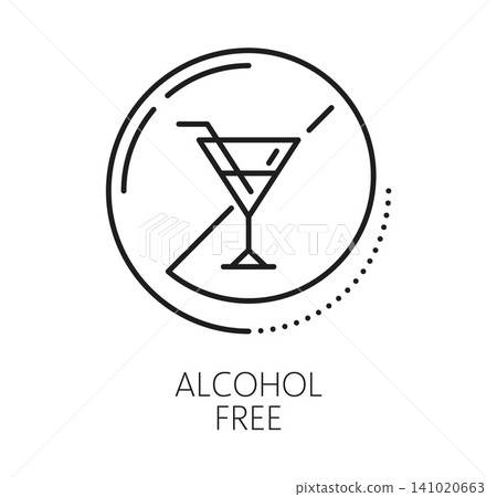 Alcohol free icon, food allergen free pictogram, allergy ingredient label featuring martini glass inside a circular badge conveying nonalcoholic beverage choice and sober lifestyle for menu, packaging Alcohol free icon, food allergen free pictogram, allergy ingredient label featuring martini glass inside a circular badge conveying nonalcoholic beverage choice and sober lifestyle for menu, packaging 141020663