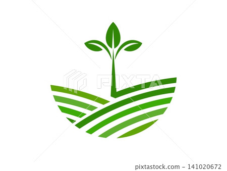 Farmland agriculture green plant icon, farm rural field emblem with seedling rises above curved furrowed fields. Label for sustainable agriculture, rural growth organic environmental farming and crops Farmland agriculture green plant icon, farm rural field emblem with seedling rises above curved furrowed fields. Label for sustainable agriculture, rural growth organic environmental farming and crops 141020672