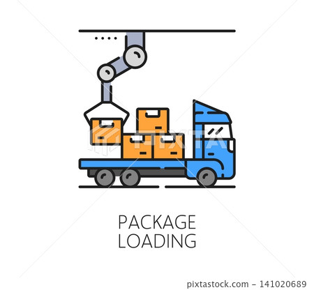 Automatic production package loading, manufacture icon or symbol. Automatic factory color line sign, industrial manufacture vector symbol. Mass production icon with robotic claw loading boxes on truck Automatic production package loading, manufacture icon or symbol. Automatic factory color line sign, industrial manufacture vector symbol. Mass production icon with robotic claw loading boxes on truck 141020689