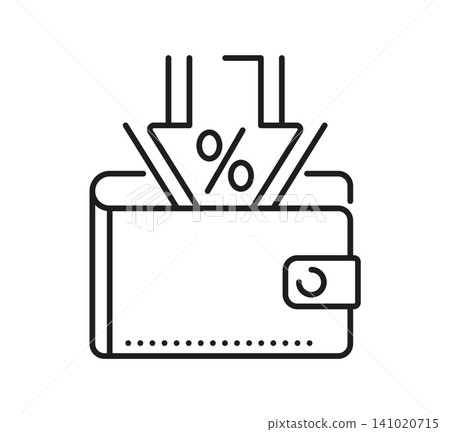 Line icon of a wallet with downward arrows and a percent tag representing discount, loyalty program, gift coupon, reward and savings for membership promotional benefits. Prize and offer pictogram Line icon of a wallet with downward arrows and a percent tag representing discount, loyalty program, gift coupon, reward and savings for membership promotional benefits. Prize and offer pictogram 141020715