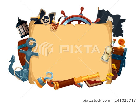 Cartoon pirate old paper scroll banner with corsair weapons and treasures. Ancient parchment surrounded by anchor, ship wheel, telescope and treasure chest. Adventure frame for kids party invitations Cartoon pirate old paper scroll banner with corsair weapons and treasures. Ancient parchment surrounded by anchor, ship wheel, telescope and treasure chest. Adventure frame for kids party invitations 141020718