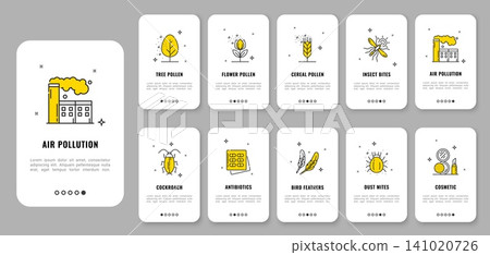Mobile app onboarding screen, non food allergen free signs, allergy pictograms. Immunological intolerance app onboarding screen slides with pollen, dust, feather and cosmetic allergy line icons Mobile app onboarding screen, non food allergen free signs, allergy pictograms. Immunological intolerance app onboarding screen slides with pollen, dust, feather and cosmetic allergy line icons 141020726