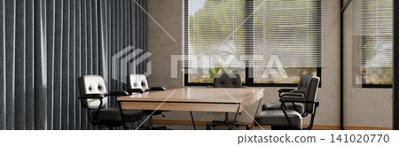 3D Illustration of Modern Corporate Conference Room with Wooden Table, Leather Chairs, and Window Blinds 3D Illustration of Modern Corporate Conference Room with Wooden Table, Leather Chairs, and Window Blinds 141020770