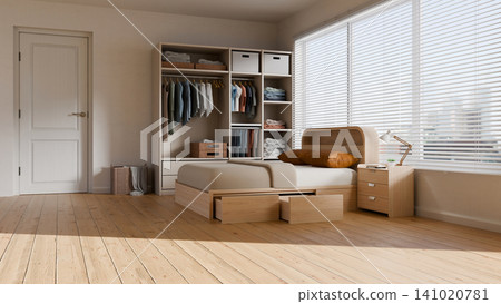 3D Illustration of Modern Minimalist Bedroom Interior with Wardrobe Storage and Wooden Furniture Design 3D Illustration of Modern Minimalist Bedroom Interior with Wardrobe Storage and Wooden Furniture Design 141020781