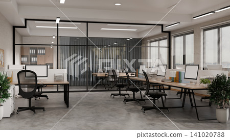 3D Illustration of Modern Open Plan Office Interior with Glass Partition, Workstations and Natural Light 3D Illustration of Modern Open Plan Office Interior with Glass Partition, Workstations and Natural Light 141020788