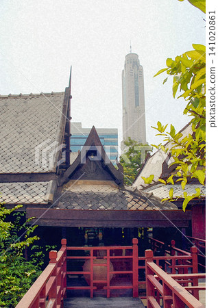 素安帕卡宮美麗的木質吊腳樓建築與遠處高聳的現代摩天大樓（泰國） 141020861