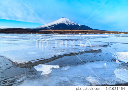 A clear winter day, a view of the various shapes of frozen ice and snow-covered Mount Fuji from Nagaike Waterfront Park in Lake Yamanaka. A clear winter day, a view of the various shapes of frozen ice and snow-covered Mount Fuji from Nagaike Waterfront Park in Lake Yamanaka. 141021464