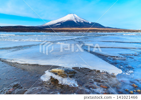 A clear winter day, a view of the various shapes of frozen ice and snow-covered Mount Fuji from Nagaike Waterfront Park in Lake Yamanaka. 141021466