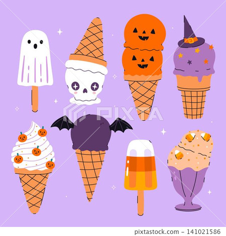 A set of ice cream decorated in Halloween style. Vector graphics A set of ice cream decorated in Halloween style. Vector graphics 141021586