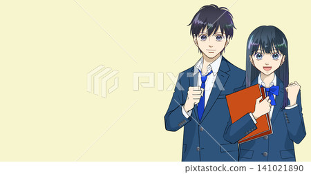 An anime-style illustration of a female student smiling and holding a book, and a male student making a victory pose. An anime-style illustration of a female student smiling and holding a book, and a male student making a victory pose. 141021890