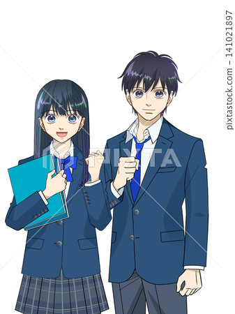 Anime-style illustration of smiling high school or junior high school students, male and female, white background Anime-style illustration of smiling high school or junior high school students, male and female, white background 141021897