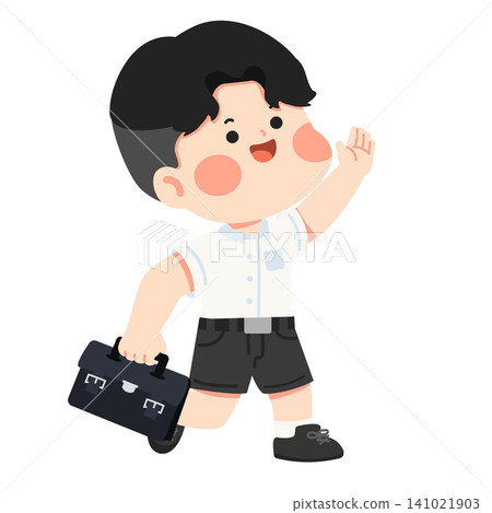 School Boy Waving While Holding Backpack School Boy Waving While Holding Backpack 141021903