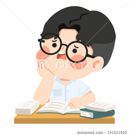 Worried Boy Wearing Glasses With Books Worried Boy Wearing Glasses With Books 141021920