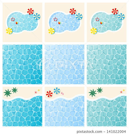 A set of illustrations featuring water surface patterns and summer poolside beach scenes. A set of illustrations featuring water surface patterns and summer poolside beach scenes. 141022004