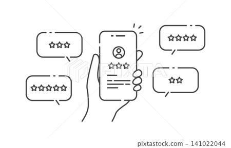 Vector illustration (line art, monochrome) of checking reviews and customer feedback on a smartphone. Line width adjustable. Vector illustration (line art, monochrome) of checking reviews and customer feedback on a smartphone. Line width adjustable. 141022044