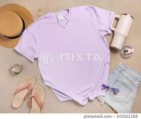 Blank light purple shirt mockup with summer accessories, template for print on demand, copy space Blank light purple shirt mockup with summer accessories, template for print on demand, copy space 141022168