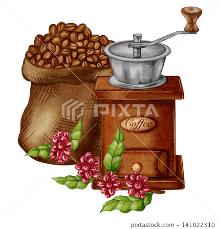 Watercolor illustration of a vintage manual coffee grinder. Craft coffee bag and jute bag with coffee beans. Illustrations for coffee shops, cafes, packaging, menus, and product design. Watercolor illustration of a vintage manual coffee grinder. Craft coffee bag and jute bag with coffee beans. Illustrations for coffee shops, cafes, packaging, menus, and product design. 141022310