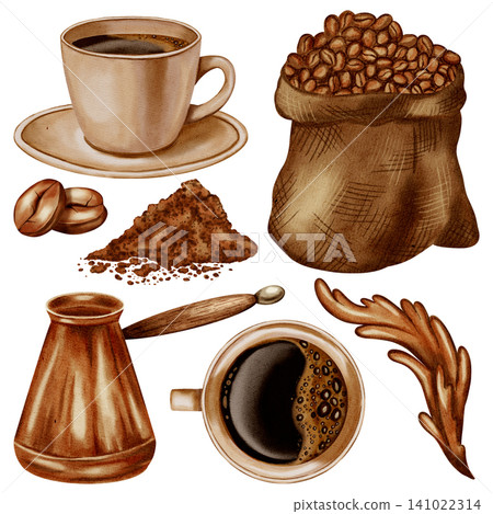 Watercolor coffee set with grinder, cezve, cup, beans and ground coffee. Hand-drawn elements ideal for cafes, coffee shops, packaging, menus and branding materials. Watercolor coffee set with grinder, cezve, cup, beans and ground coffee. Hand-drawn elements ideal for cafes, coffee shops, packaging, menus and branding materials. 141022314