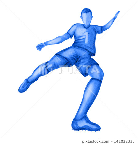 Watercolor illustration of a soccer player in a blue uniform dribbling a ball. Dynamic sports action and movement, isolated on a white background. Football. Sports. Sports competition Watercolor illustration of a soccer player in a blue uniform dribbling a ball. Dynamic sports action and movement, isolated on a white background. Football. Sports. Sports competition 141022333