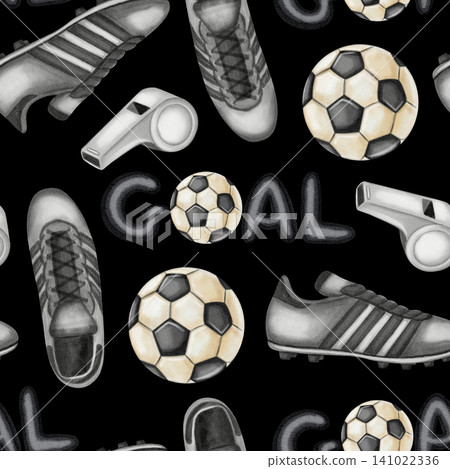 Watercolor football seamless pattern featuring soccer cleats, referee whistle and goal text. Hand drawn sport elements for championship decor and athletic apparel. Football. Sport 141022336