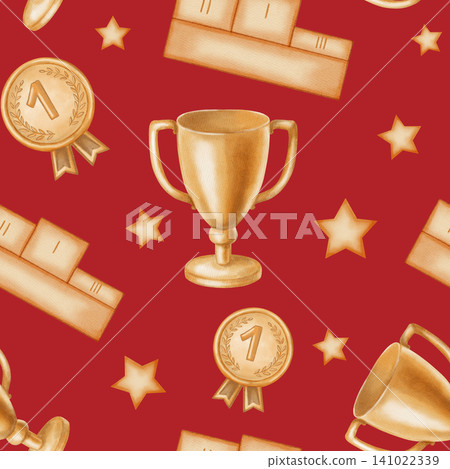 Watercolor sport victory seamless pattern with golden trophy cups, medals and pedestal. Hand drawn award elements for football championship and competition winners. Football. Sport Watercolor sport victory seamless pattern with golden trophy cups, medals and pedestal. Hand drawn award elements for football championship and competition winners. Football. Sport 141022339
