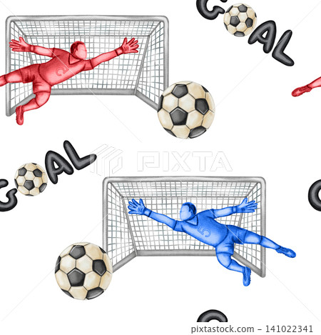 Seamless watercolor pattern with goalkeepers in jump, soccer gates, and football balls. Hand drawn sports background with "Goal" lettering for championship and fans decor. Football. Sport 141022341