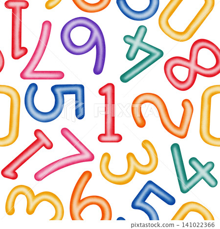 Watercolor colorful numbers seamless pattern. Hand drawn birthday school background with bright numbers from 0 to 9 for fabric, wrapping paper, textile, children's design, back to school Watercolor colorful numbers seamless pattern. Hand drawn birthday school background with bright numbers from 0 to 9 for fabric, wrapping paper, textile, children's design, back to school 141022366