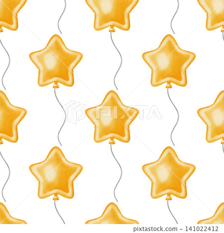 Bright watercolor seamless pattern with golden star shaped balloons. Hand drawn festive background for birthday, party invitations, children's design, and card making Bright watercolor seamless pattern with golden star shaped balloons. Hand drawn festive background for birthday, party invitations, children's design, and card making 141022412