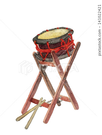 Watercolor illustration of a taiko drum [Hand-drawn] White background, cutout, with space for copying 141022421
