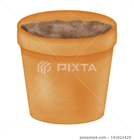 Hand drawn watercolor empty clay pot filled with brown soil isolated on white background. Botanical garden element for organic design, planting and gardening concept. Hand drawn watercolor empty clay pot filled with brown soil isolated on white background. Botanical garden element for organic design, planting and gardening concept. 141022429