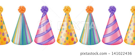 Watercolor seamless border of colorful party hats with polka dots, stripes and pompons. Holiday decorations for for birthdays, anniversaries, party invitations, children's design, card Watercolor seamless border of colorful party hats with polka dots, stripes and pompons. Holiday decorations for for birthdays, anniversaries, party invitations, children's design, card 141022436