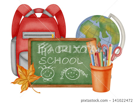 Watercolor illustration green chalkboard with text Back to School, red backpack, globe, stationery,  autumn leaf. Traditional symbol of the first of September, knowledge day, back to school season 141022472
