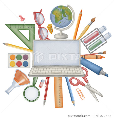 Watercolor online education banner with laptop and school supplies isolated on white background. Perfect for educational banners, fall posters, back to school promotions, children textbooks Watercolor online education banner with laptop and school supplies isolated on white background. Perfect for educational banners, fall posters, back to school promotions, children textbooks 141022482